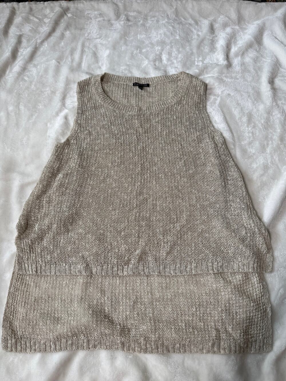 Eileen Fisher Sleeveless High-Low Knit Tunic Top Oatmeal Beige Open Knit SM